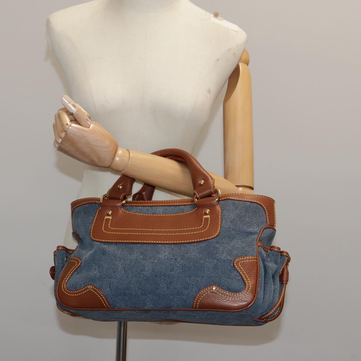 CELINE Macadam Canvas Boogie bag Hand Bag Blue Gold Auth 94744