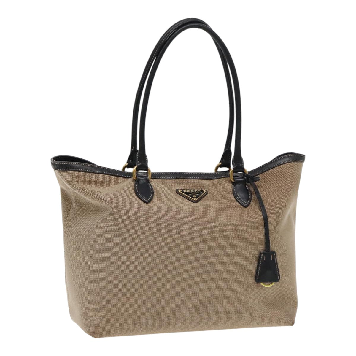 PRADA Tote Bag Canvas Leather Beige Black Gold Auth 94748