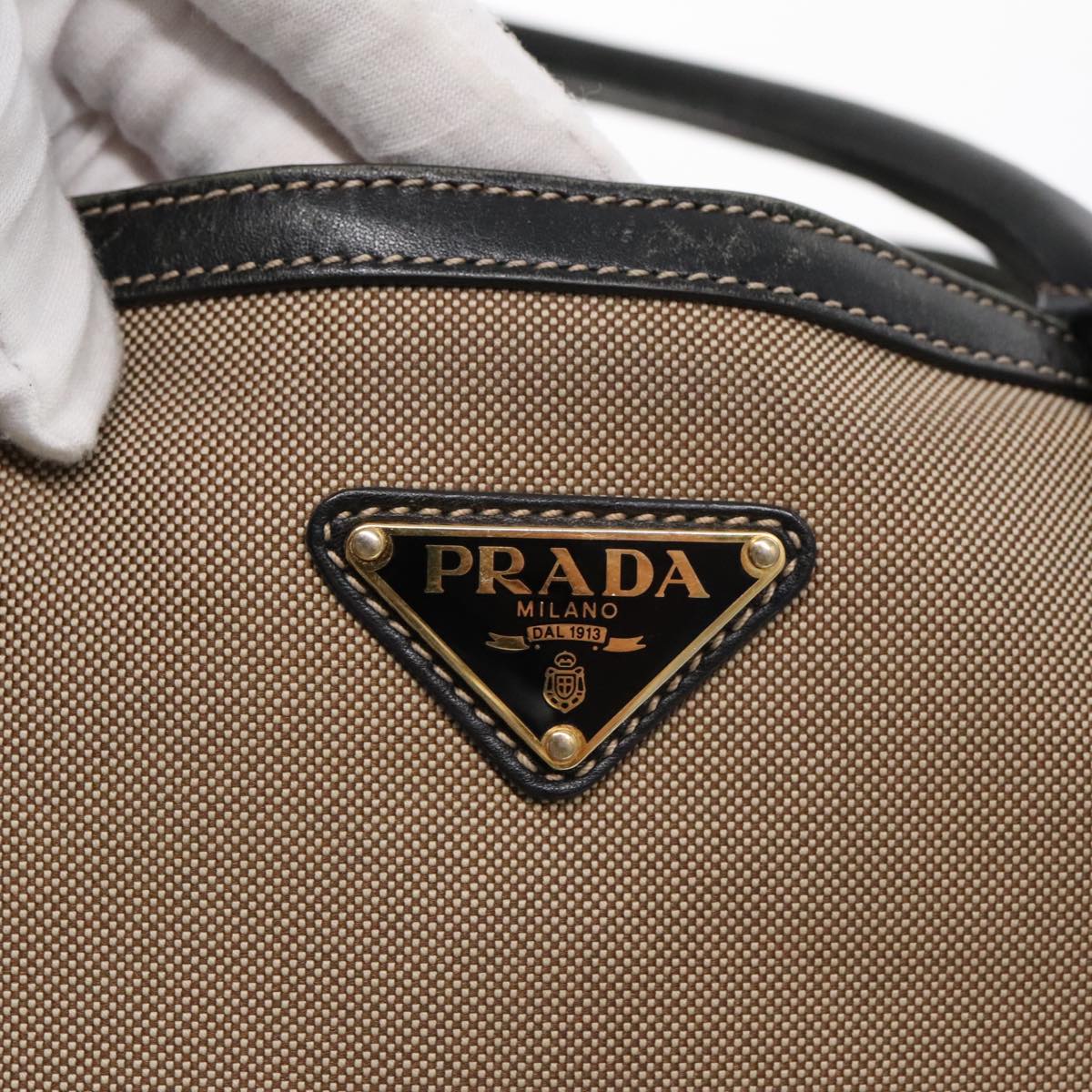 PRADA Tote Bag Canvas Leather Beige Black Gold Auth 94748