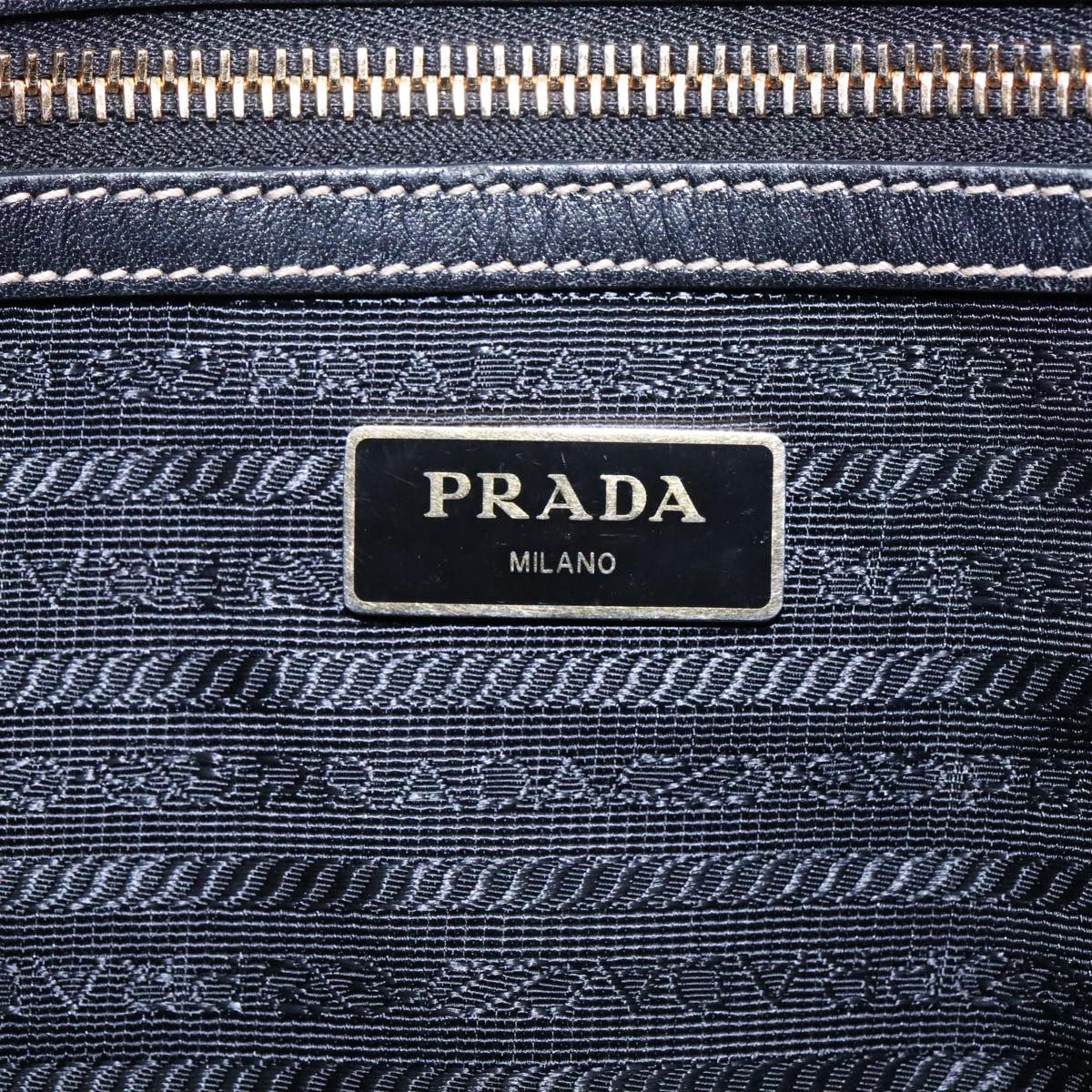 PRADA Tote Bag Canvas Leather Beige Black Gold Auth 94748