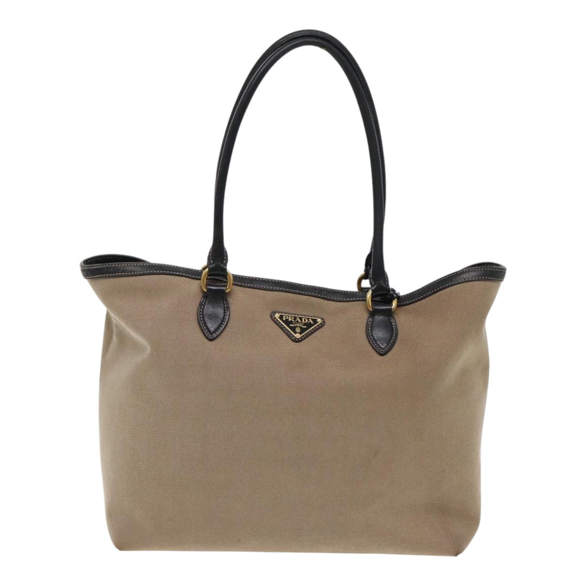 PRADA Tote Bag Canvas Leather Beige Black Gold Auth 94748