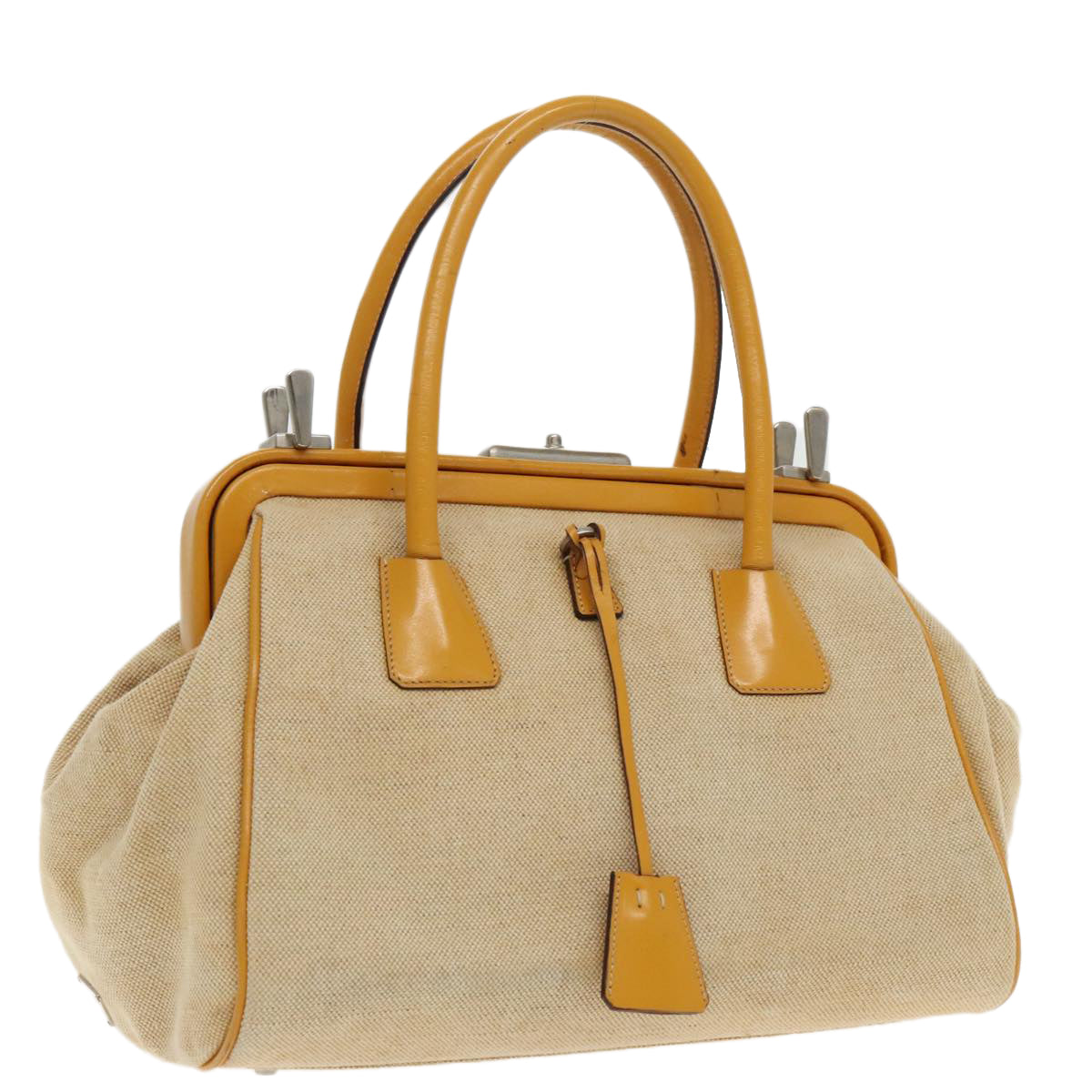 PRADA Hand Bag Canvas Beige Silver Auth 94761