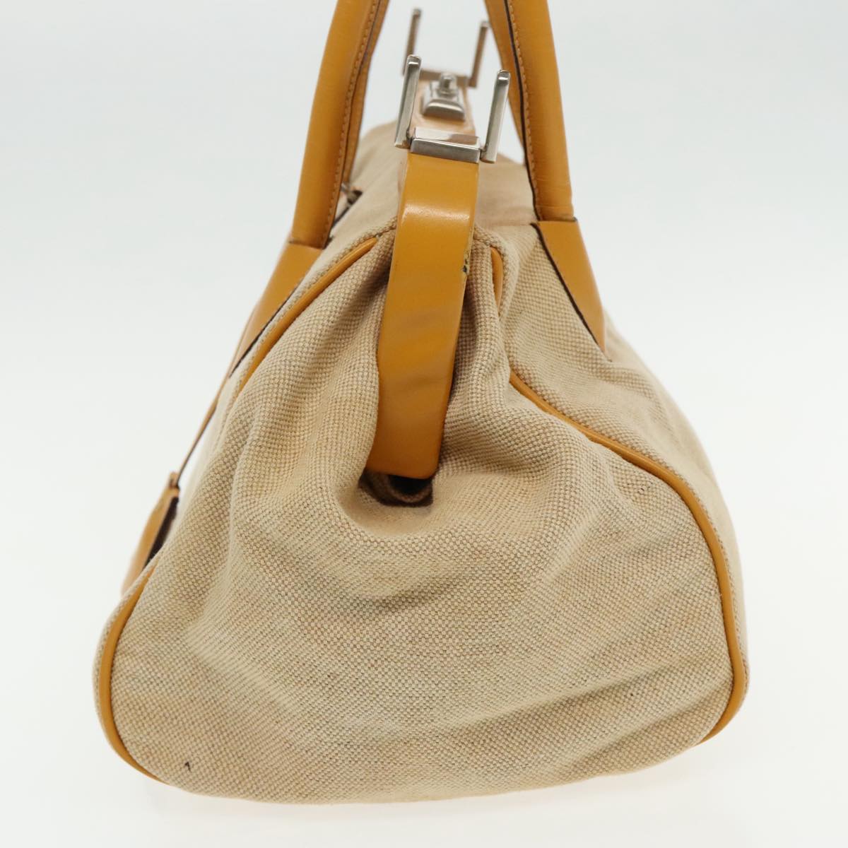 PRADA Hand Bag Canvas Beige Silver Auth 94761