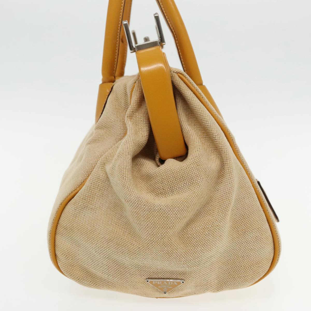 PRADA Hand Bag Canvas Beige Silver Auth 94761