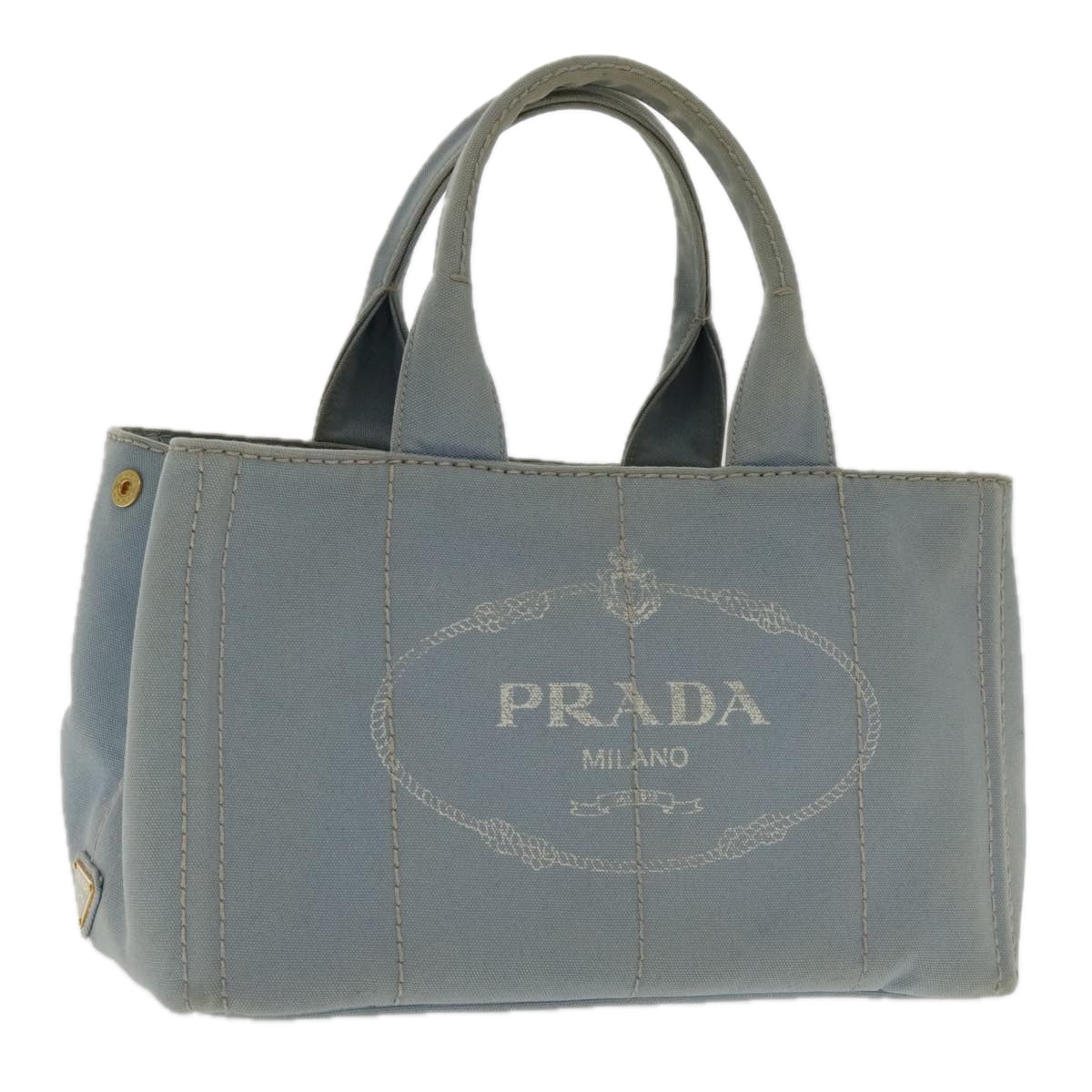 PRADA Canapa MM Hand Bag Canvas Light Blue Gold Auth 94768