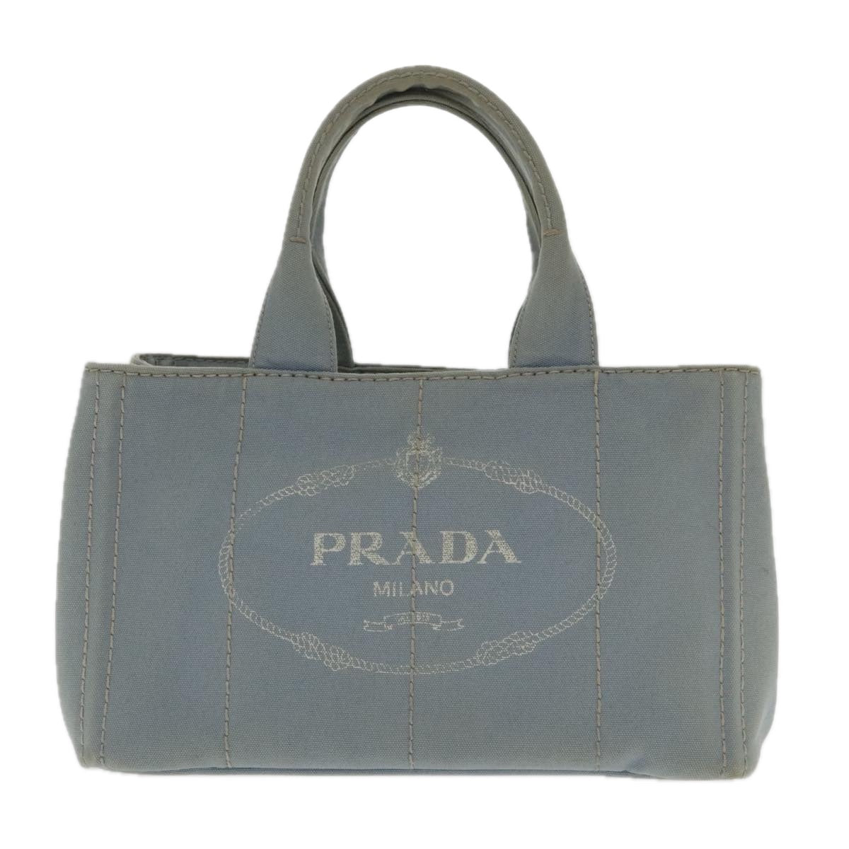 PRADA Canapa MM Hand Bag Canvas Light Blue Gold Auth 94768 - 0