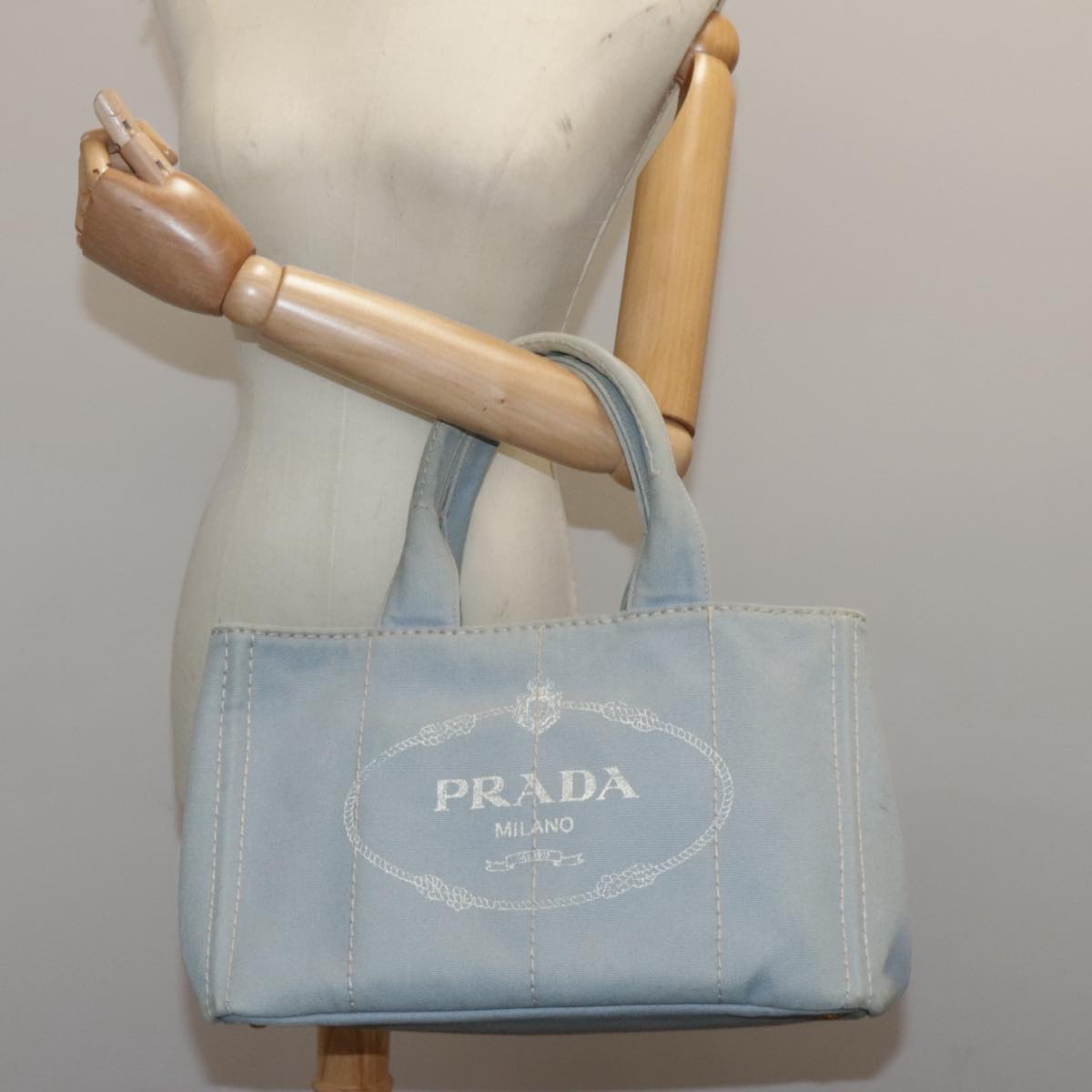 PRADA Canapa MM Hand Bag Canvas Light Blue Gold Auth 94768