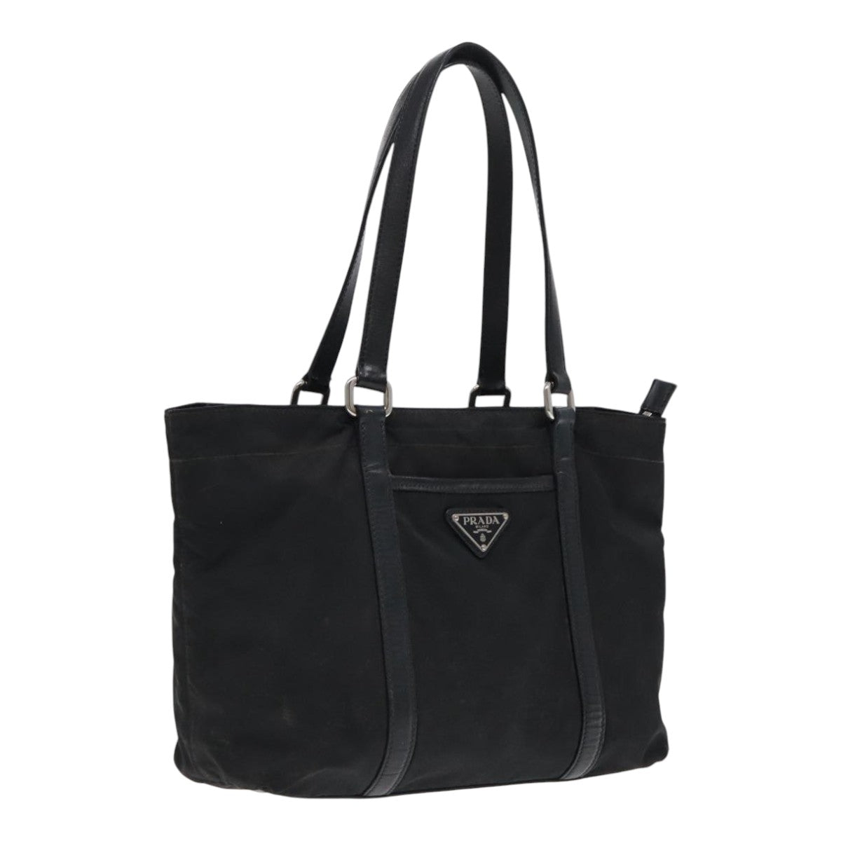 PRADA Tote Bag Nylon Leather Black Silver Auth 94786