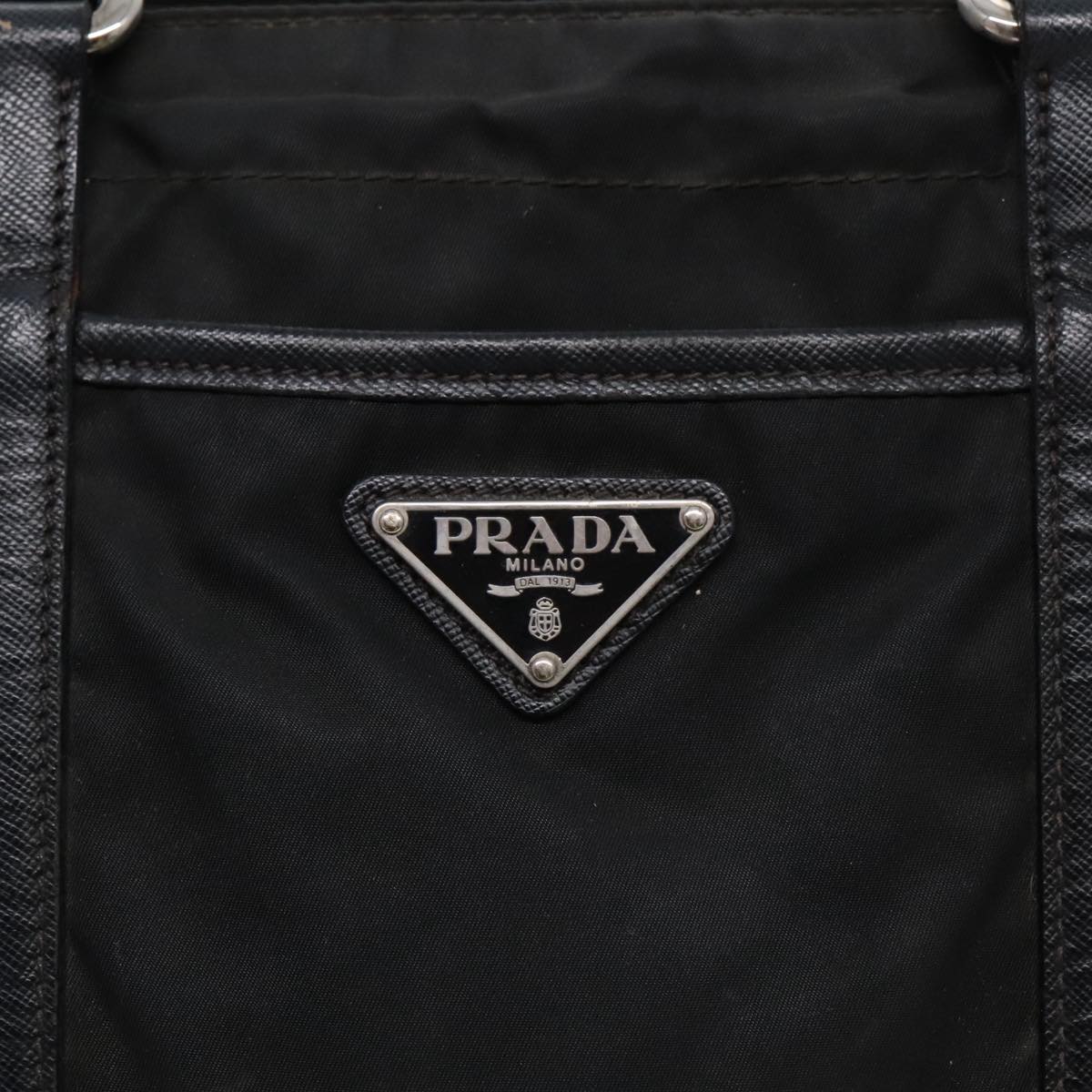 PRADA Tote Bag Nylon Leather Black Silver Auth 94786