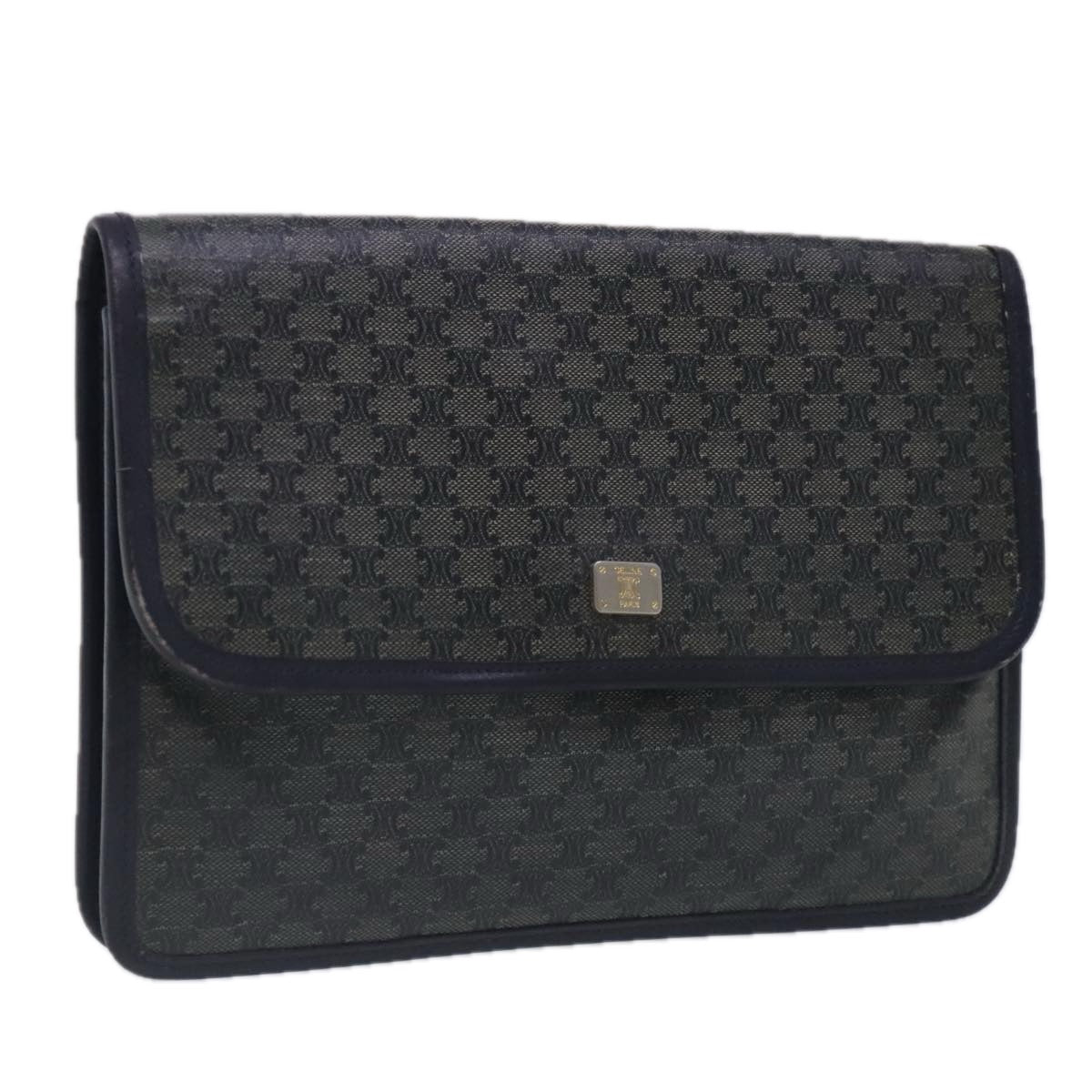 CELINE Macadam Canvas Clutch Bag Navy Gold Auth 94793