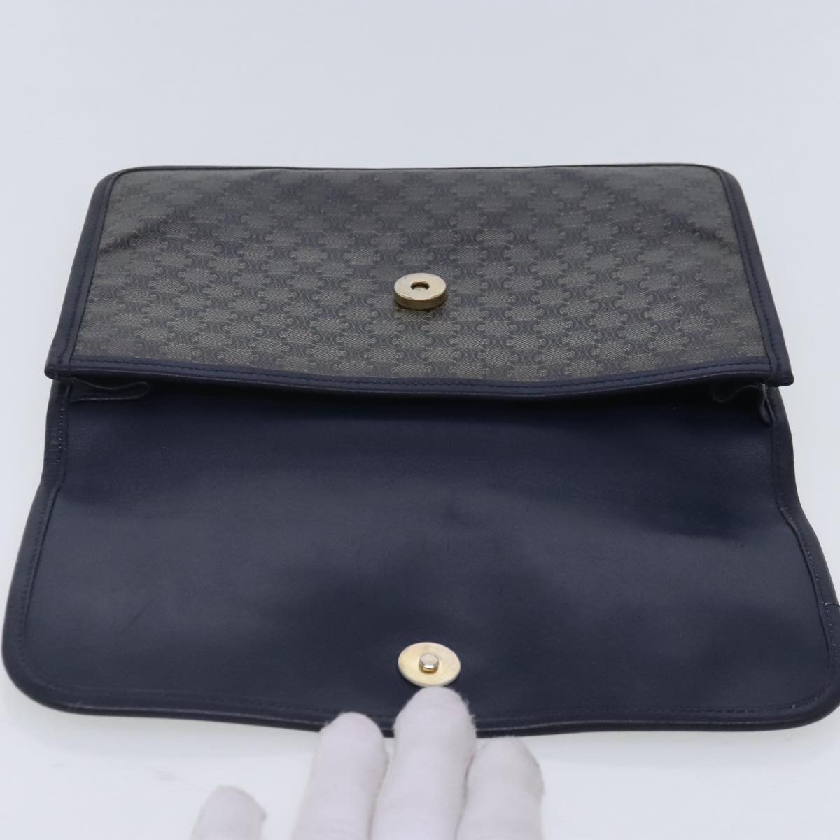 CELINE Macadam Canvas Clutch Bag Navy Gold Auth 94793