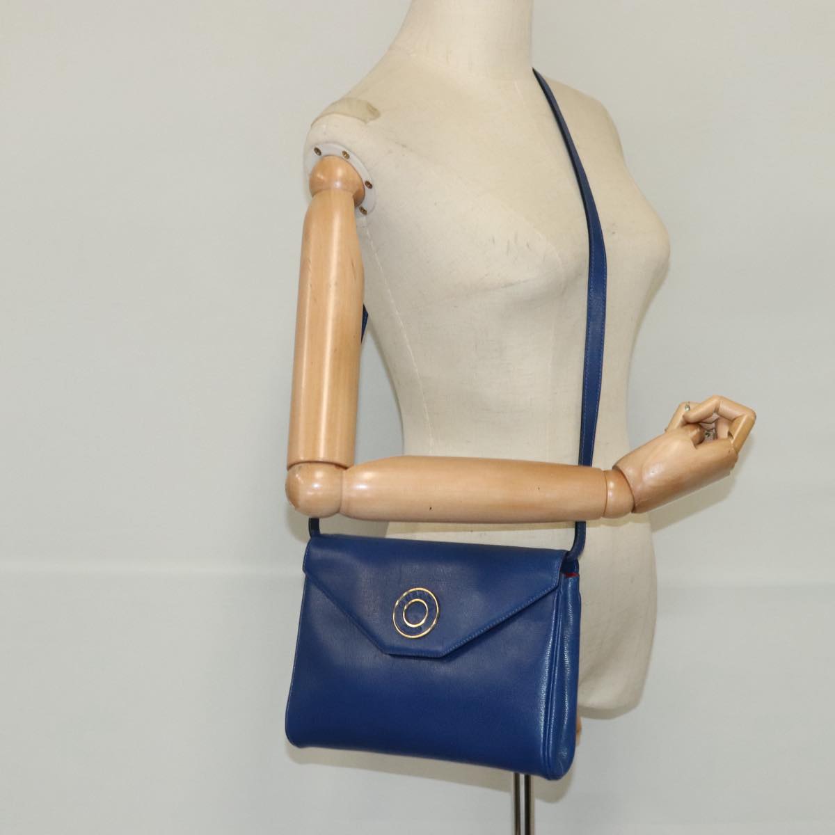 CELINE Shoulder Bag Leather Blue Gold Auth 94799