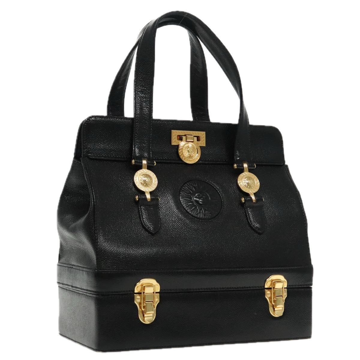 VERSACE Hand Bag Leather Black Gold Auth 94809