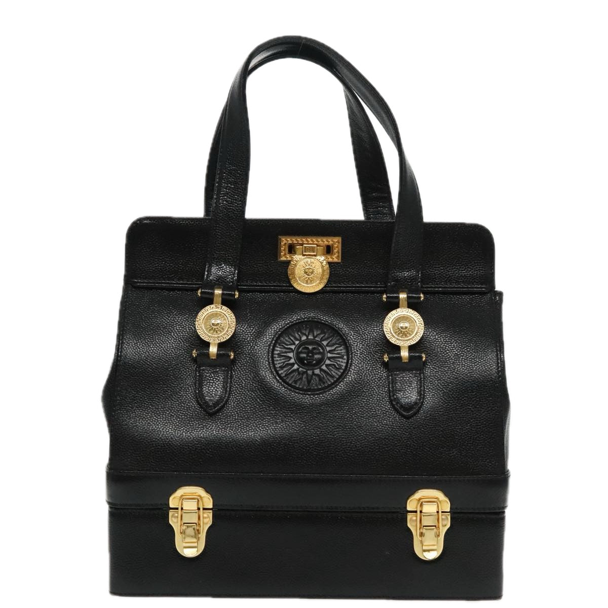 VERSACE Hand Bag Leather Black Gold Auth 94809