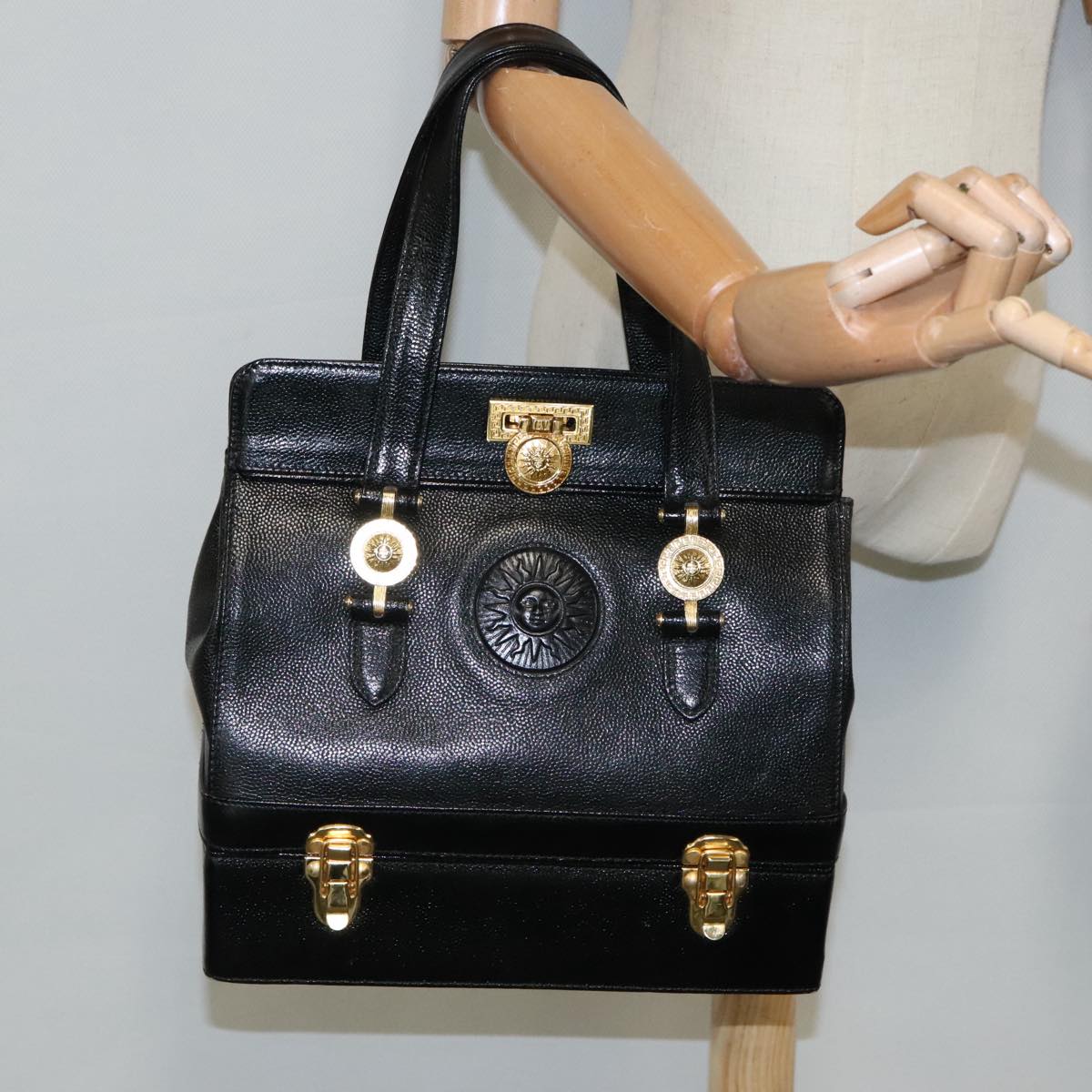 VERSACE Hand Bag Leather Black Gold Auth 94809