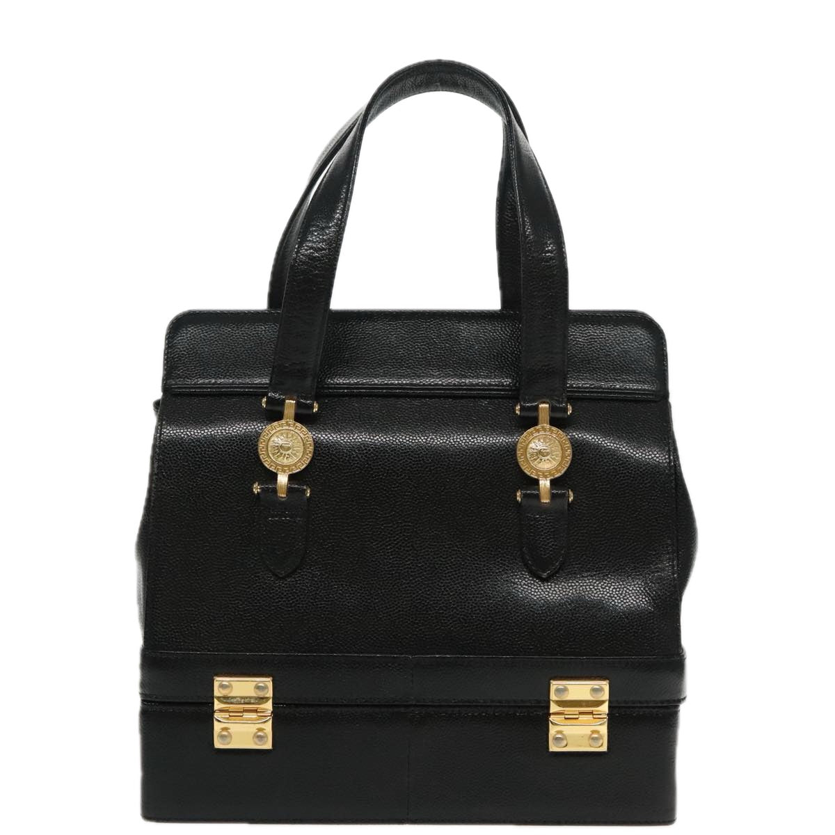 VERSACE Hand Bag Leather Black Gold Auth 94809 - 0