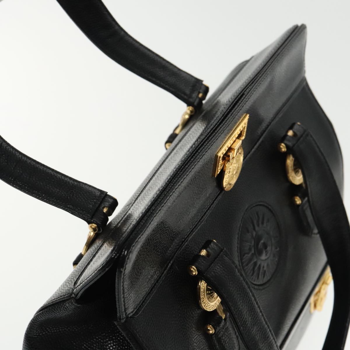 VERSACE Hand Bag Leather Black Gold Auth 94809