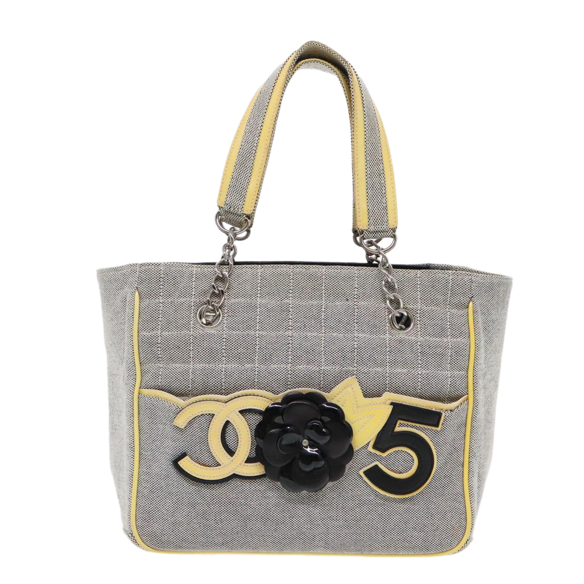 CHANEL Camelia Hand Bag No5 Canvas Gray Silver CC Auth 94827A - 0