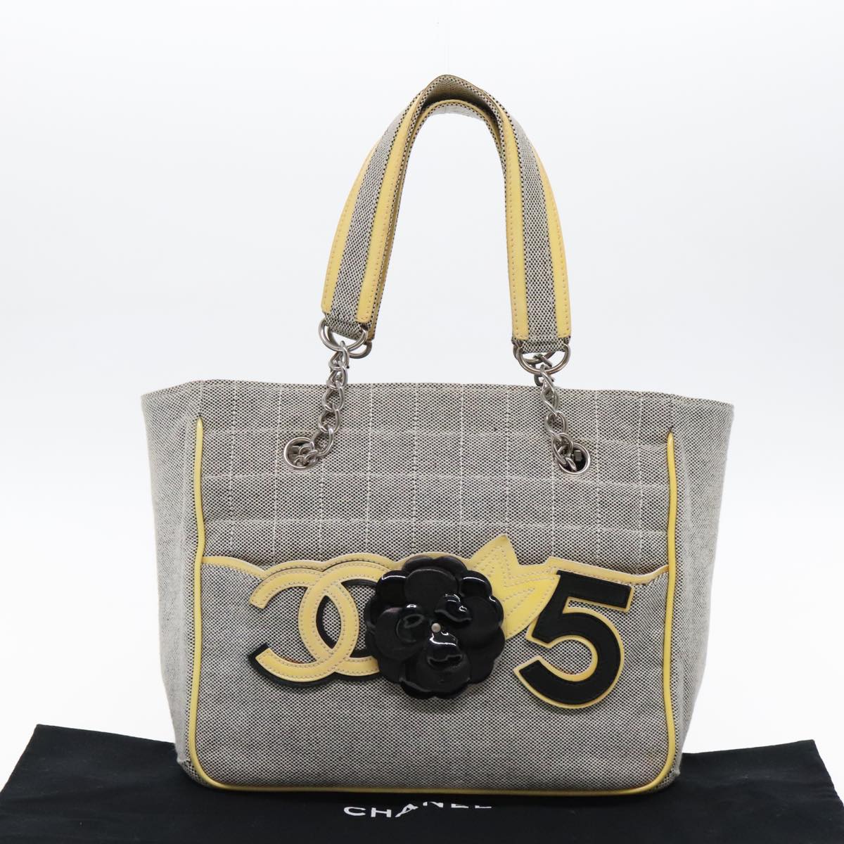 CHANEL Camelia Hand Bag No5 Canvas Gray Silver CC Auth 94827A