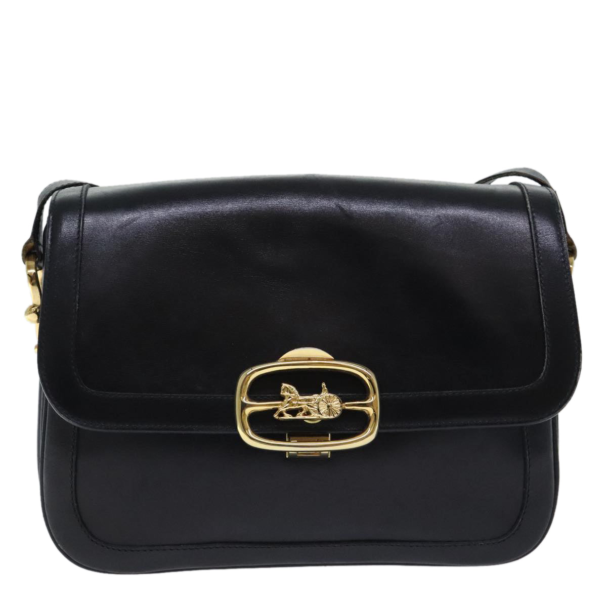 CELINE Horse Carriage Shoulder Bag Leather Black Gold Auth 94846