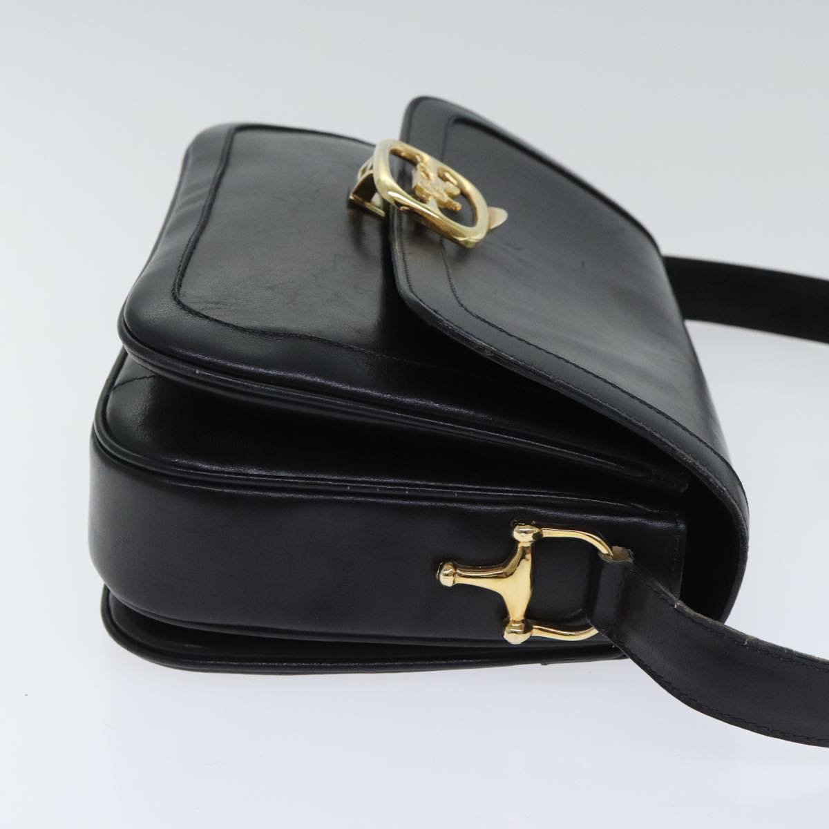 CELINE Horse Carriage Shoulder Bag Leather Black Gold Auth 94846