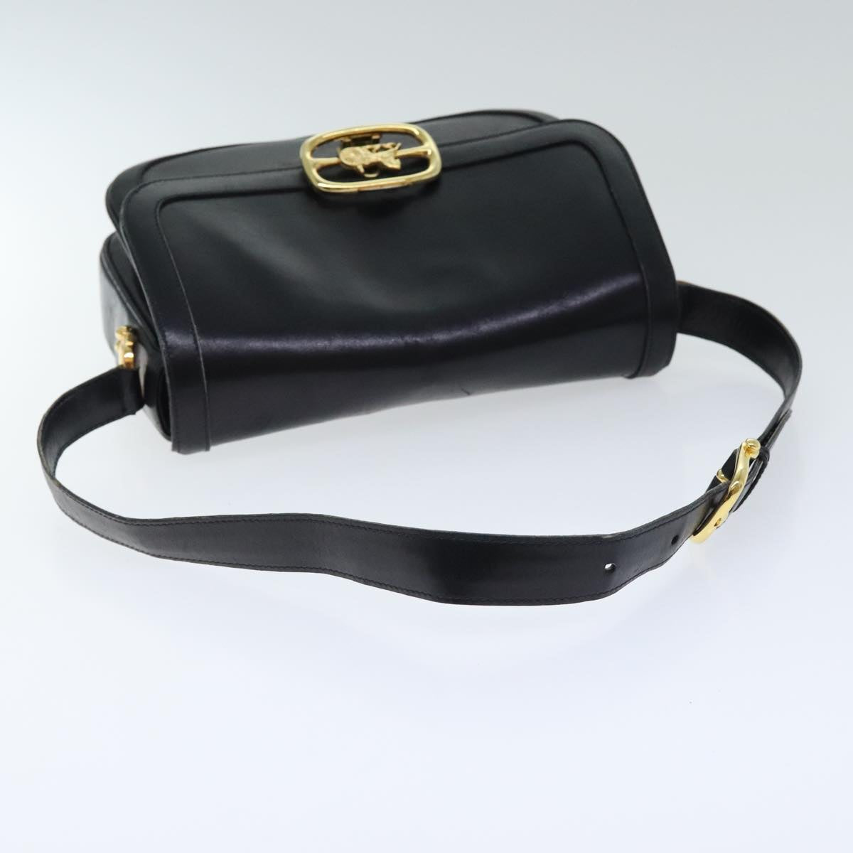 CELINE Horse Carriage Shoulder Bag Leather Black Gold Auth 94846