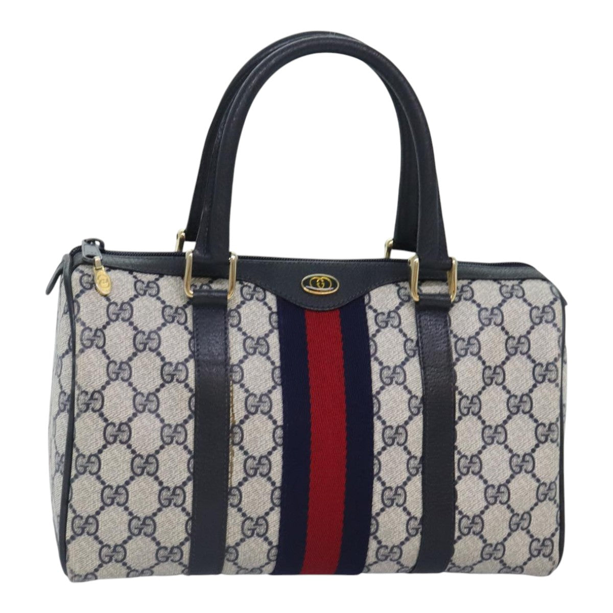 GUCCI GG Canvas Sherry Line Boston Bag PVC Leather Navy Red Auth 94860