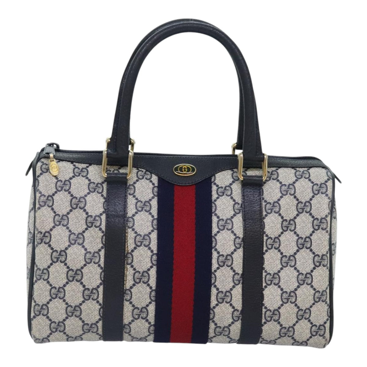 GUCCI GG Canvas Sherry Line Boston Bag PVC Leather Navy Red Auth 94860