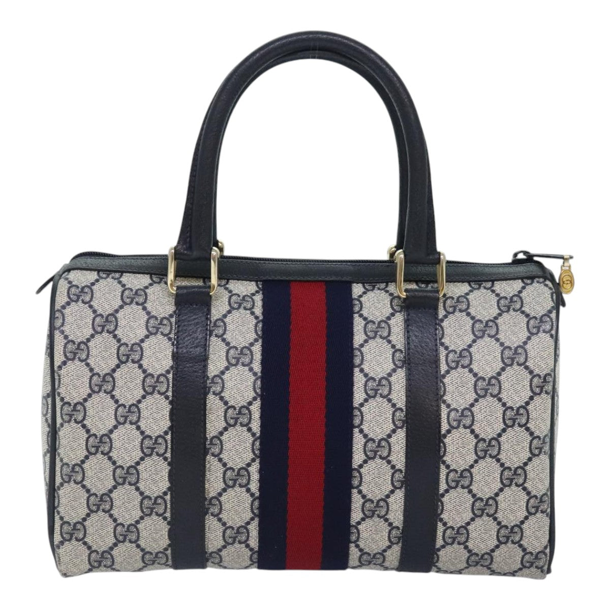 GUCCI GG Canvas Sherry Line Boston Bag PVC Leather Navy Red Auth 94860 - 0