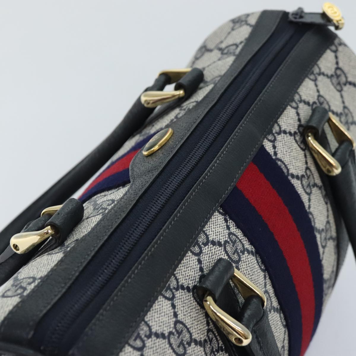 GUCCI GG Canvas Sherry Line Boston Bag PVC Leather Navy Red Auth 94860