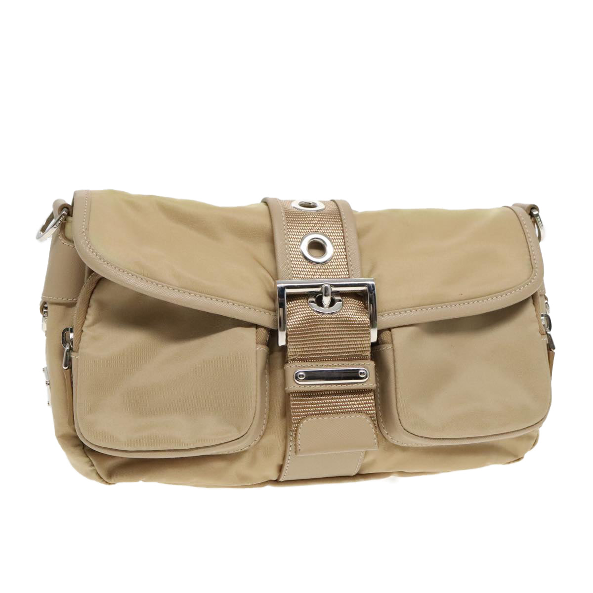 PRADA Shoulder Bag Nylon Beige Silver Auth 94862