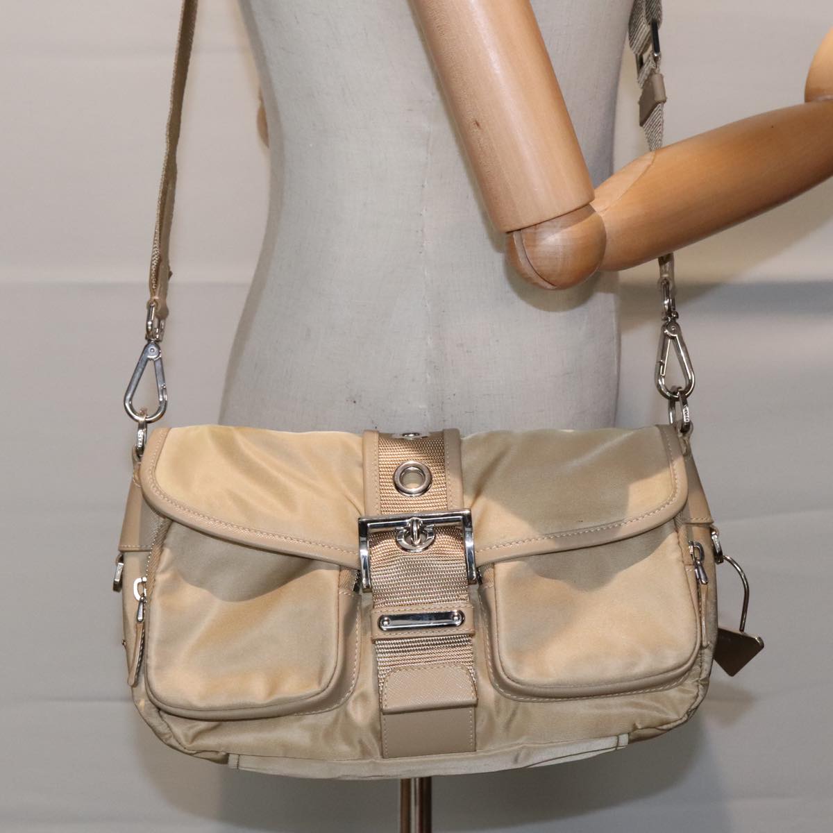 PRADA Shoulder Bag Nylon Beige Silver Auth 94862