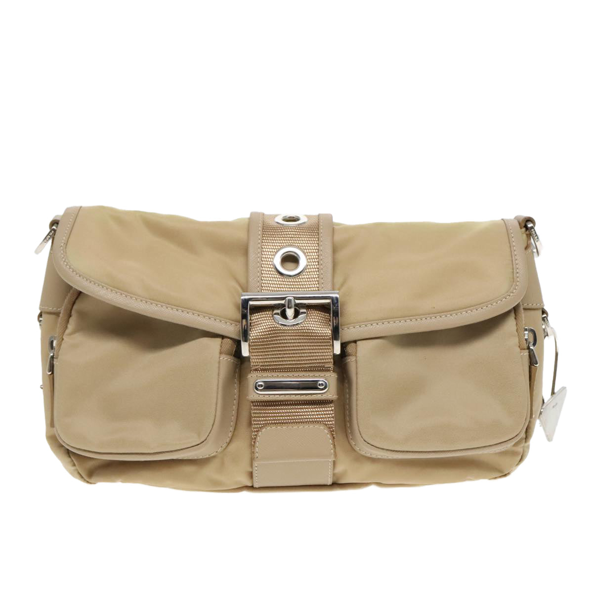 PRADA Shoulder Bag Nylon Beige Silver Auth 94862