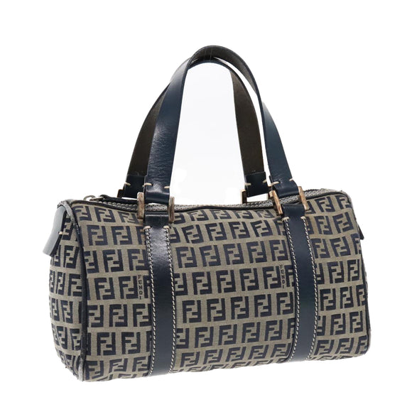 FENDI Zucchino Canvas Hand Bag Navy Silver Auth 94977