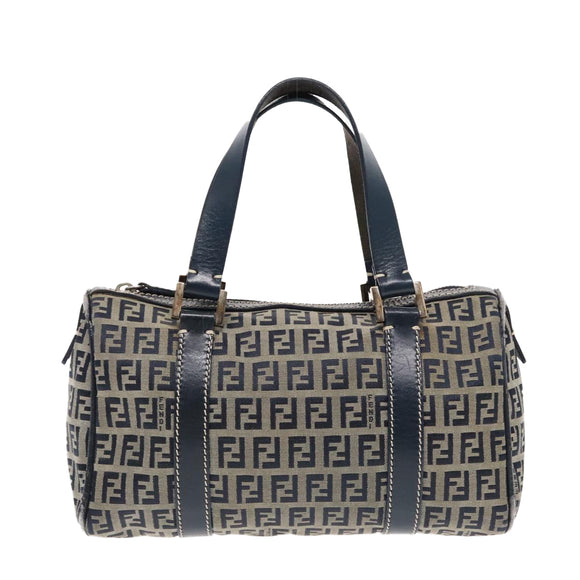 FENDI Zucchino Canvas Hand Bag Navy Silver Auth 94977
