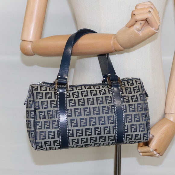 FENDI Zucchino Canvas Hand Bag Navy Silver Auth 94977