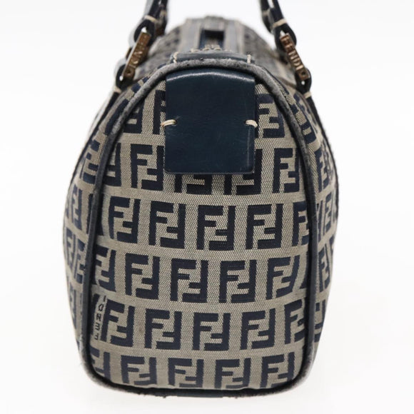 FENDI Zucchino Canvas Hand Bag Navy Silver Auth 94977