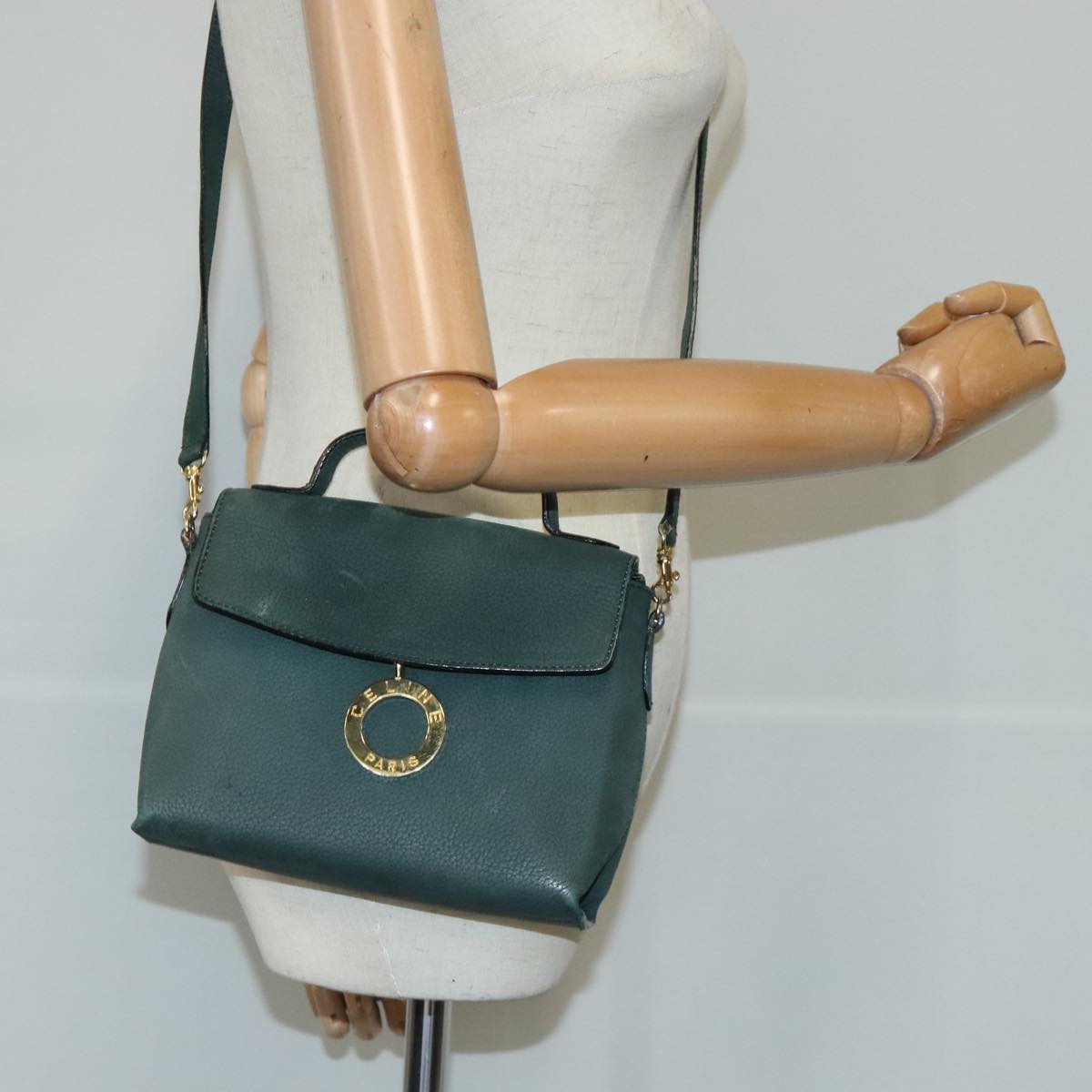 CELINE Hand Bag Leather 2way Green Gold Auth 94979