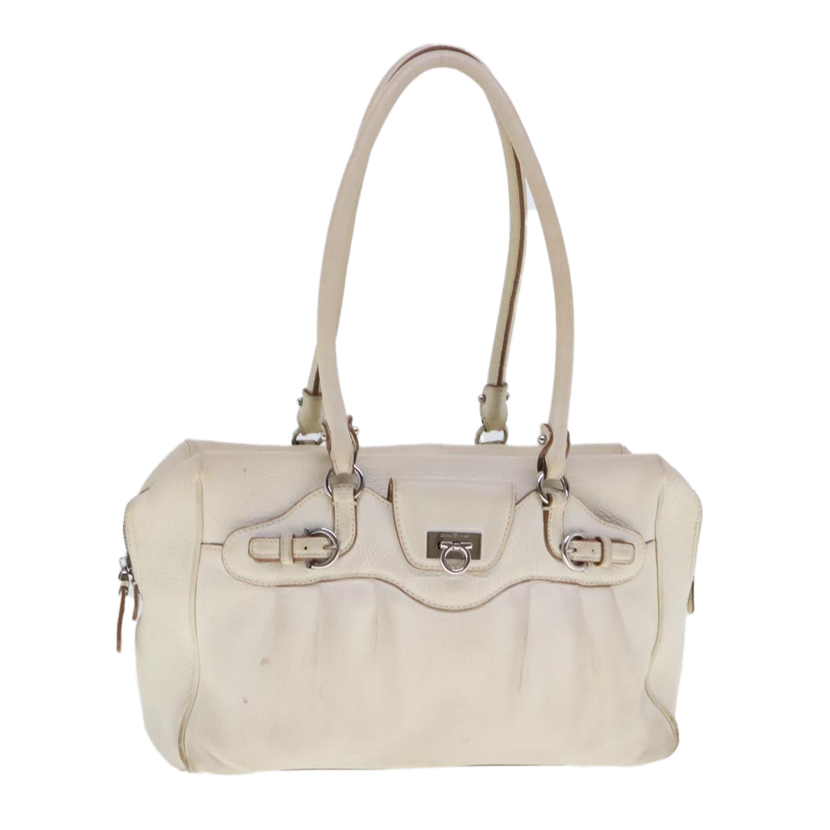 Salvatore Ferragamo Gancini Shoulder Bag Leather White Silver Auth 95007