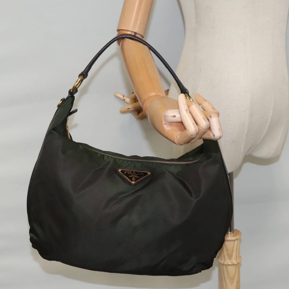 PRADA Shoulder Bag Nylon Khaki Gold Auth 95021