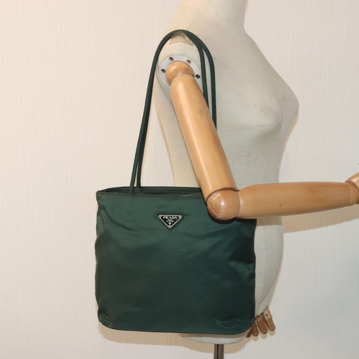 PRADA Tote Bag Nylon Green Silver Auth 95027