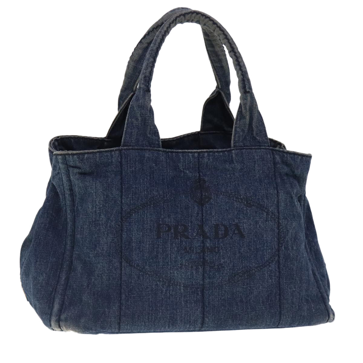 PRADA Canapa MM Hand Bag Denim Blue Gold Auth 95029