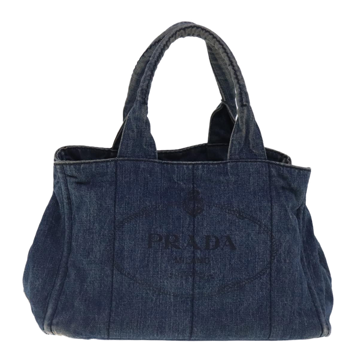 PRADA Canapa MM Hand Bag Denim Blue Gold Auth 95029