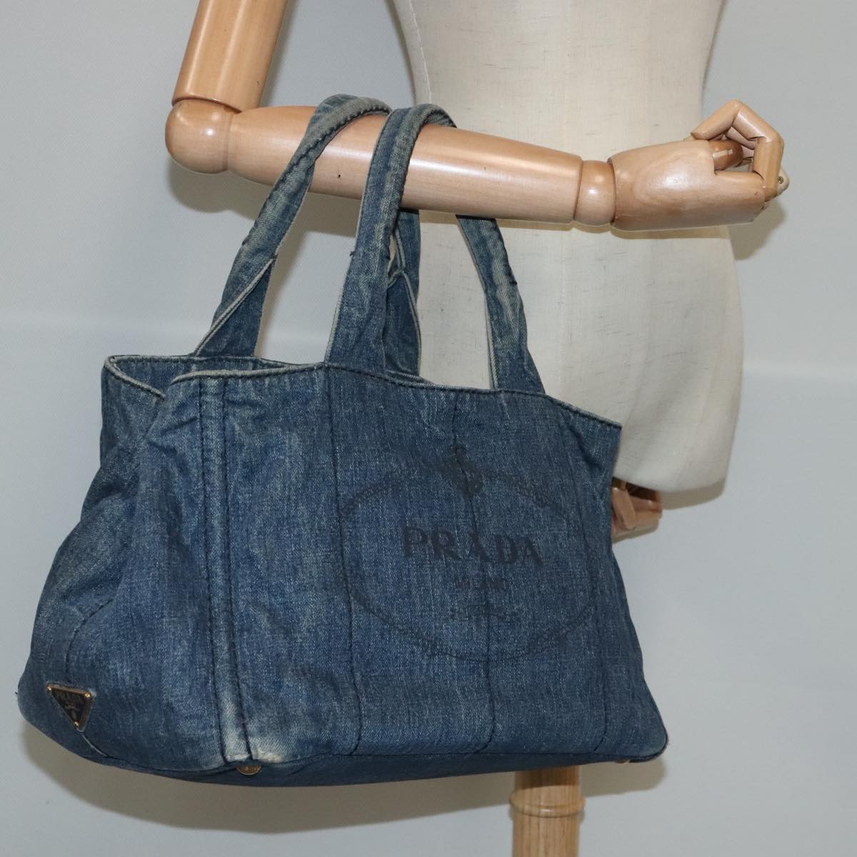 PRADA Canapa MM Hand Bag Denim Blue Gold Auth 95029