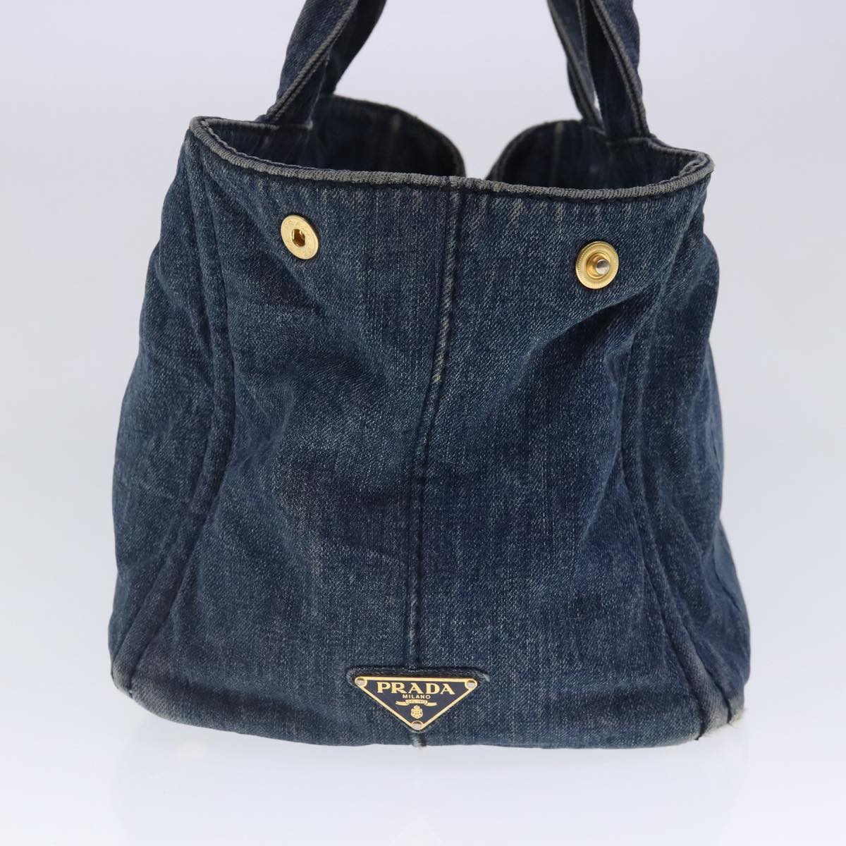 PRADA Canapa MM Hand Bag Denim Blue Gold Auth 95029