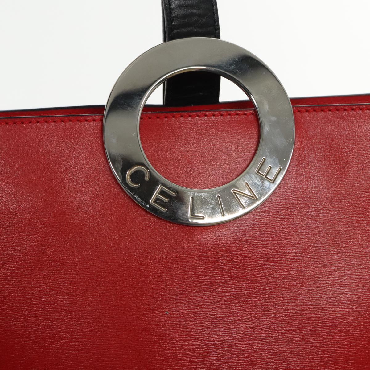 CELINE Shoulder Bag Leather Red Silver Auth 95033