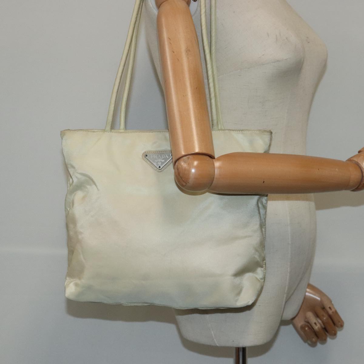 PRADA Tote Bag Nylon Silver Cream Auth 95047