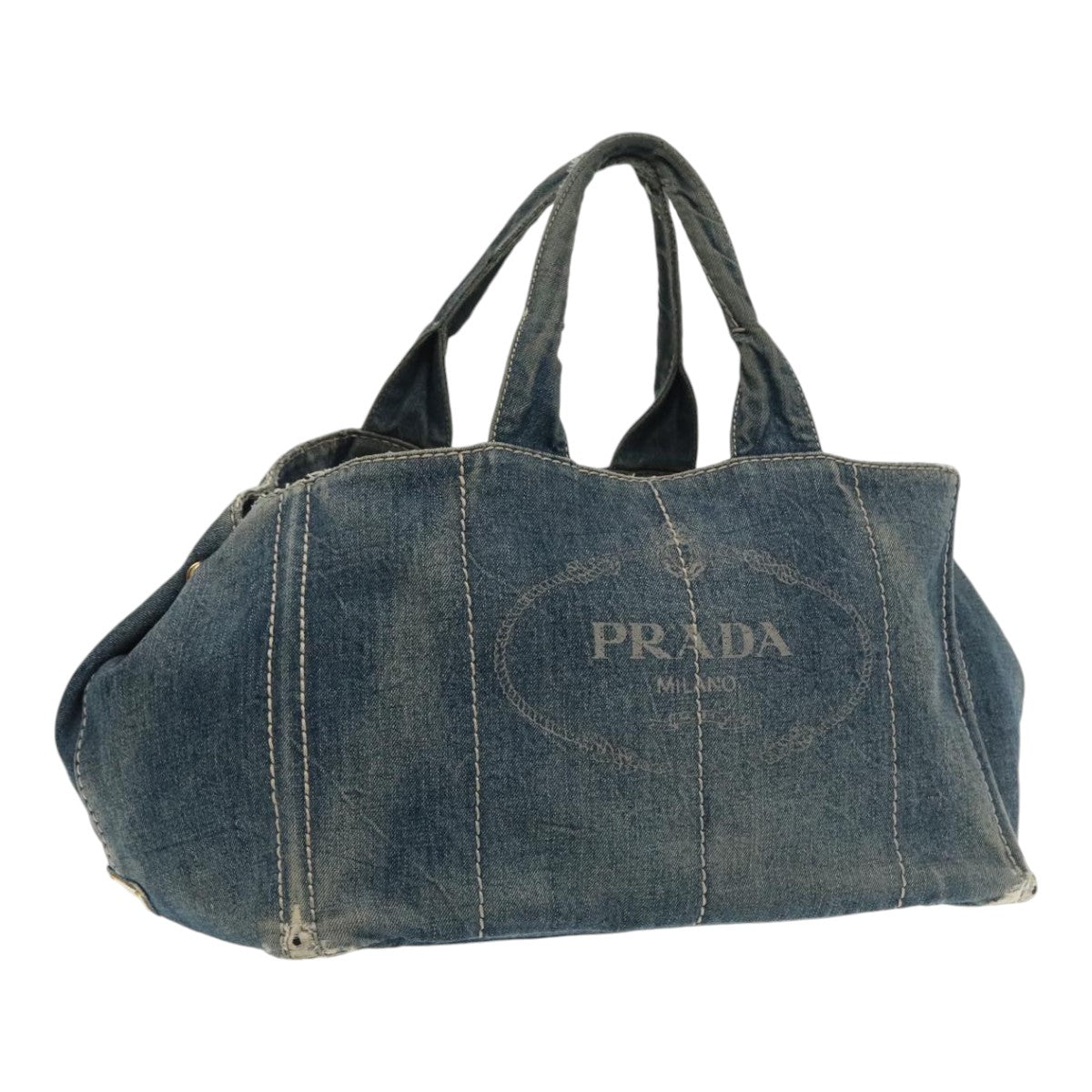 PRADA Canapa GM Hand Bag Denim Blue Gold Auth 95048