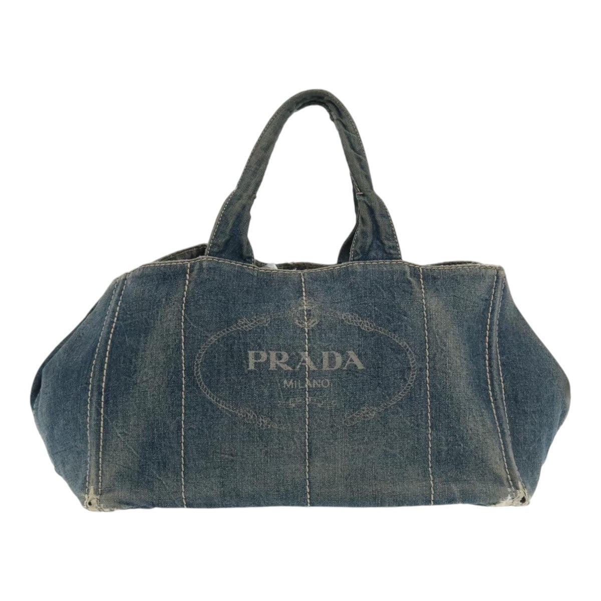 PRADA Canapa GM Hand Bag Denim Blue Gold Auth 95048