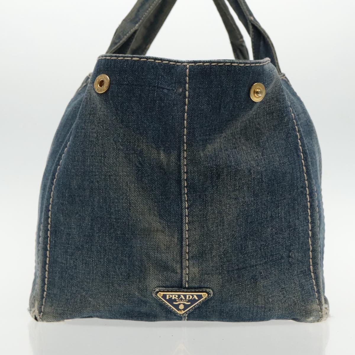 PRADA Canapa GM Hand Bag Denim Blue Gold Auth 95048